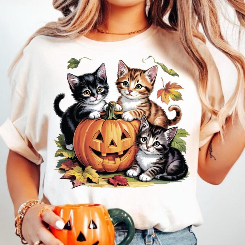 Cute Halloween Pumpkin Cats PNG, Retro Fall Kitten Clipart with Jack O ...