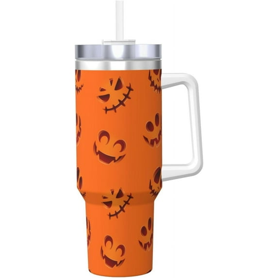 Cute Halloween Pumpkin Face 40 oz Tumbler with Handle and Straw Lid, Stainless Steel Insulated Travel Coffee Mug, Vacuum Insulated Water Bottle for Home, Office, Car, Keep Hot/Cold for Hours