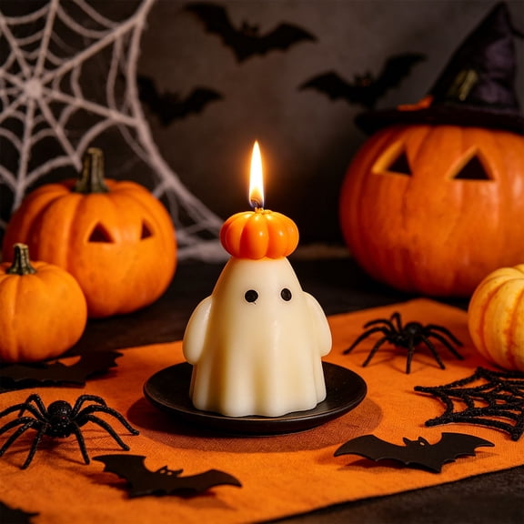 Cute Halloween Pumpkin Ghost Candle, Ghost Pumpkin Shaped Candle Decoration, Handmade Mini Candles for Autumn Table Decor Home Party Mantel Shelf Decor, Fall Holiday Gifts for Family & Friends