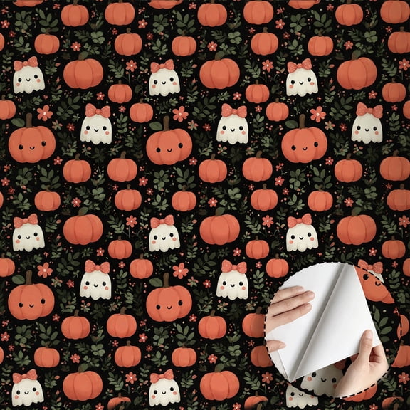 Cute Halloween Pumpkin Ghost Wallpaper Quirky Funky Kawaii, Peel and Stick Wallpaper Contact Paper Waterproof Removable Home Decor for Bedroom Dorm Room Kitchen Cabinet Drawer Shelf 17.7 * 118 in