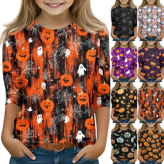 Cute Halloween Shirt Girls Ghost Pumpkin Bow Print 3/4 Sleeve T Shirt Halloween Graphic Tee Spooky Season Fall Outfit Kids,11-12 Years,Red