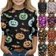 thumbnail image 1 of Cute Halloween Shirt Girls Ghost Pumpkin Bow Print 3/4 Sleeve T Shirt Halloween Graphic Tee Spooky Season Fall Outfit Kids,2-3 Years,Green, 1 of 7