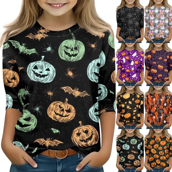 Cute Halloween Shirt Girls Ghost Pumpkin Bow Print 3/4 Sleeve T Shirt Halloween Graphic Tee Spooky Season Fall Outfit Kids,2-3 Years,Green