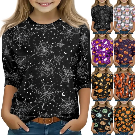 Cute Halloween Shirt Girls Ghost Pumpkin Bow Print 3/4 Sleeve T Shirt Halloween Graphic Tee Spooky Season Fall Outfit Kids,3-4 Years,Black