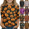 thumbnail image 1 of Cute Halloween Shirt Girls Ghost Pumpkin Bow Print 3/4 Sleeve T Shirt Halloween Graphic Tee Spooky Season Fall Outfit Kids,7-8 Years,Saffron, 1 of 1