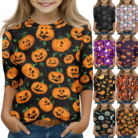 Cute Halloween Shirt Girls Ghost Pumpkin Bow Print 3/4 Sleeve T Shirt Halloween Graphic Tee Spooky Season Fall Outfit Kids,7-8 Years,Saffron