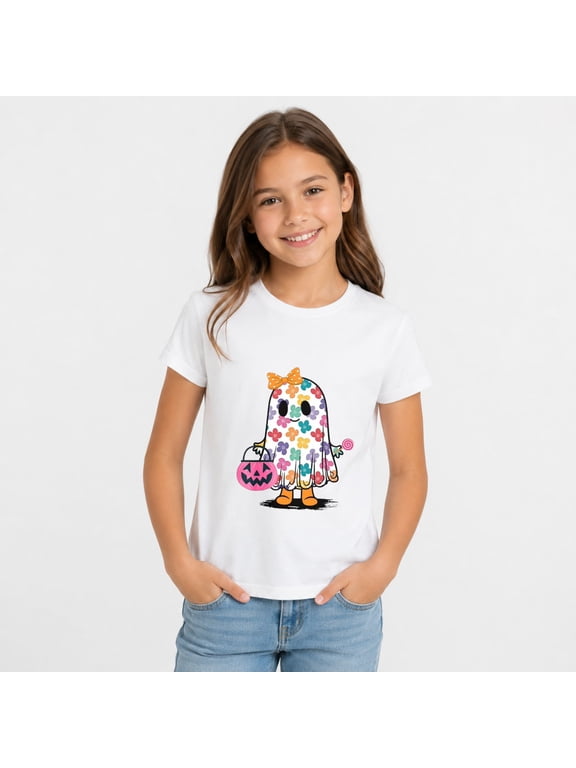 Cute Halloween Shirts for Girl, Floral Ghost Graphic Short Sleeve Casual T-Shirt