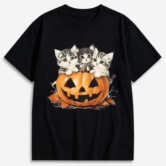 Cute Halloween Shirts for Women, Cat Jack O Lantern Pumpkin Graphic T-Shirt, Short Sleeve