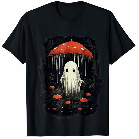 Cute Halloween Shirts for Women, Ghost Mushroom Forest Graphic T-Shirt, Spooky Season Tee