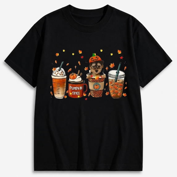 Cute Halloween Shirts for Women, Puppy Pumpkin Spice Coffee Graphic T-Shirt, Short Sleeve
