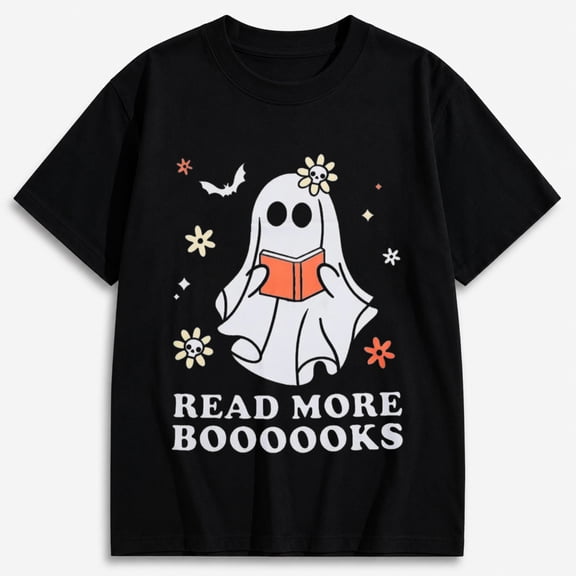 Cute Halloween Shirts for Women, Read More Booooks Ghost Reading Graphic Tee