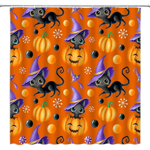 Cute Halloween Shower Curtain Black Cat Pumpkin Magic Hat Funny Cartoon Kids Happy Halloween Orange Purple Fabric Bathroom Decor Set with Hooks(70" Wx84 H)