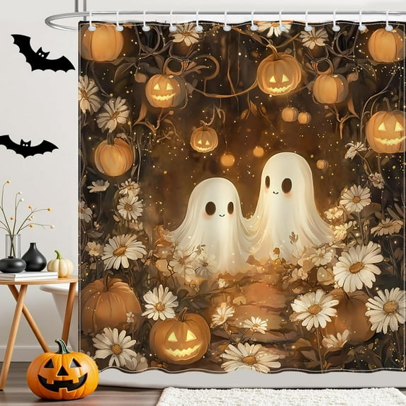 Cute Halloween Shower Curtain Orange Pumpkin and Ghost Bathroom Shower Curtain Halloween Waterproof Fabric Shower Curtains Bathtub Decor with 12 Hooks 72 X 72 Inch