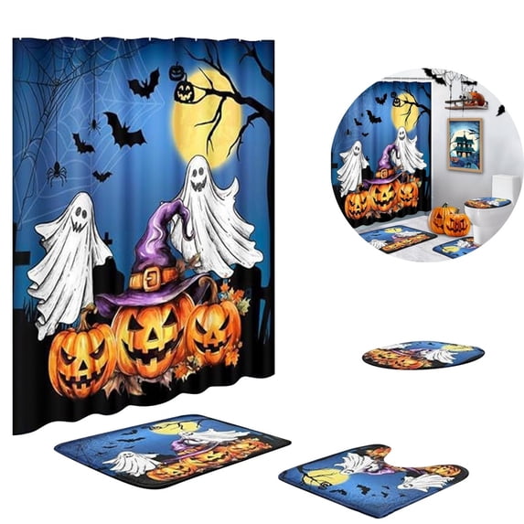 Cute Halloween Shower Curtain Set, 4Pcs Spooky Cartoon Cat Pumpkin and Ghost Bathroom Sets with Non Slip Rugs, Toilet Lid Cover, Bath Mat, Shower Curtain, Bathroom Decor