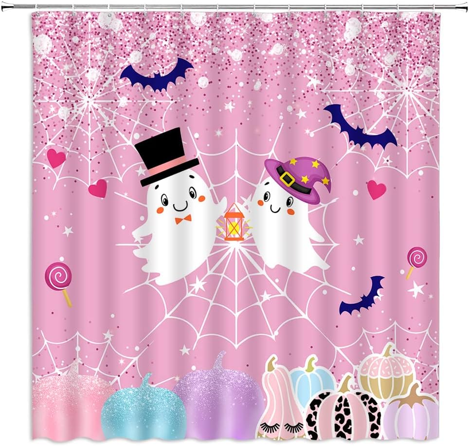 Cute Halloween Shower Curtain Spooky Pumpkin Bat Ghosts Spider  Pink