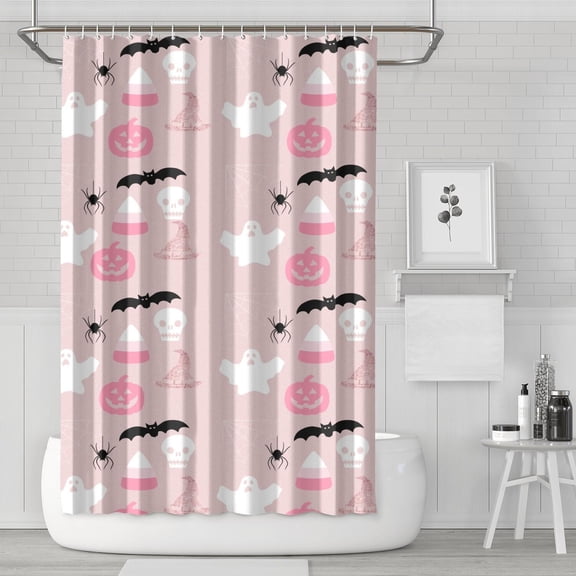 Cute Halloween Shower Curtain with Friendly Ghosts, 72x72 Inch Waterproof Bath Curtain - Pink Purple Spooky Decor with 12 Hooks for Kids Bathroom