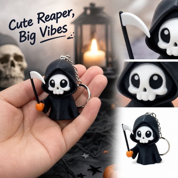 Cute Halloween Skeleton Decor with Grim Reaper Scythe Design, Spooky Office Desk Accessories for Adults, Funny Party Favors