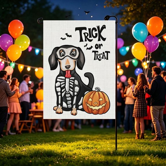 Cute Halloween Skeleton Hound Dog Pumpkin 2D Printed Garden Flag, Home Gardening Seasonal Outdoor Decor, No Flagpole, Halloween Gift