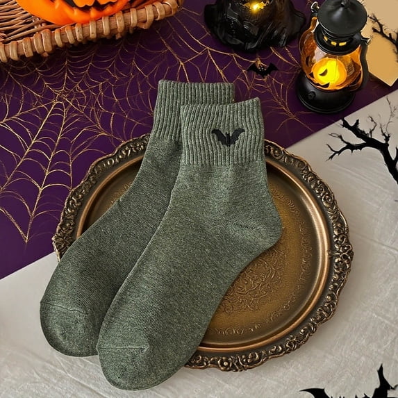 Cute Halloween Socks Pumpkin Bat Embroidered Crew Socks (Army Green One Size)