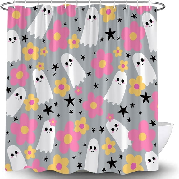 Cute Halloween Spooky Ghosts Shower Curtain Pink Funny Aesthetic Halloween Floral Ghost Star Modern Gothic Boho Abstract Happy Holiday Fabric Bath Curtain with Hook,Grey