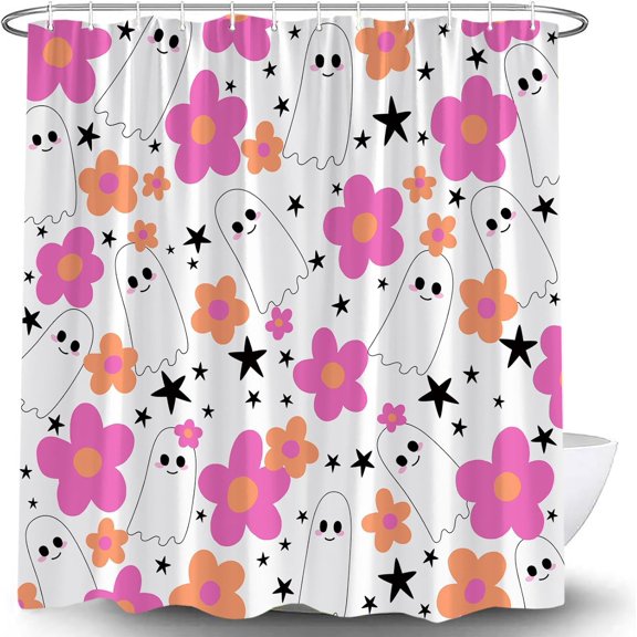 Cute Halloween Spooky Ghosts Shower Curtain Pink Funny Aesthetic Halloween Floral Ghost Star Modern Gothic Boho Abstract Happy Holiday Fabric Bath Curtain with Hook,White