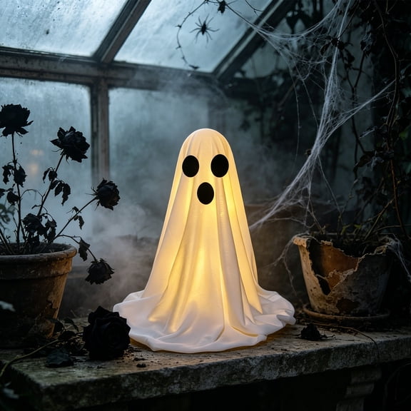 Cute Halloween Standing Ghost Decor, Round Eye Fangs Fabric Ghost Ornament for Tabletop Porch Entryway Yard Spooky Party Display, 14.6 in, 1 Pc
