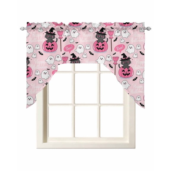 Cute Halloween Swag Valances for Windows, Small Curtains Drapes, Spooky Pumpkins Fall Bat Cat Witch's Hat Kitchen Window Curtains Over Sink Window Treatment Valance for Bedroom/Bathroom 56"x36"