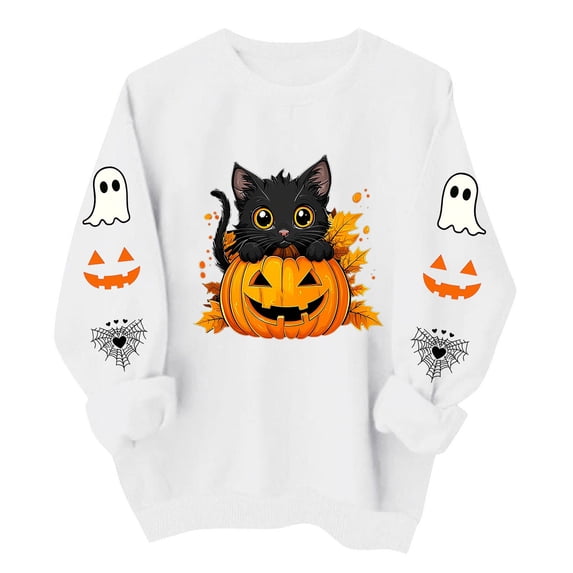 Cute Halloween Sweatshirt Women Black Cat Pumpkin Sleeve Graphic Print Crew Neck Long Sleeve Pullover Oversized Fleece Lined Fall Top for Spooky Season Holiday Party and Casual Outfits