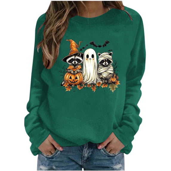 Cute Halloween Sweatshirt Women Raccoon Ghost Witch Graphic Print Crew Neck Long Sleeve Pullover Oversized Fleece Lined Fall Top for Spooky Season Holiday Party