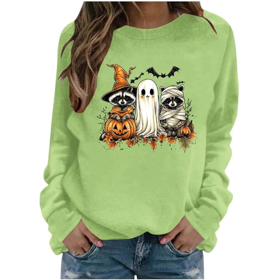 Cute Halloween Sweatshirt Women Raccoon Ghost Witch Graphic Print Crew Neck Long Sleeve Pullover Oversized Fleece Lined Fall Top for Spooky Season Holiday Party