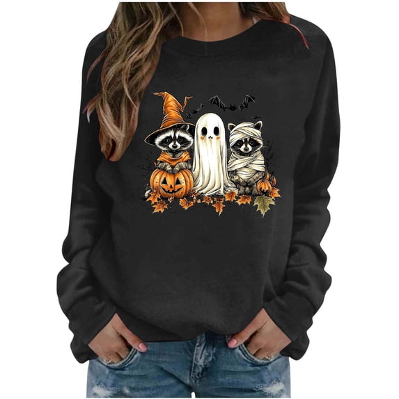 Cute Halloween Sweatshirt Women Raccoon Ghost Witch Graphic Print Crew Neck Long Sleeve Pullover Oversized Fleece Lined Fall Top for Spooky Season Holiday Party