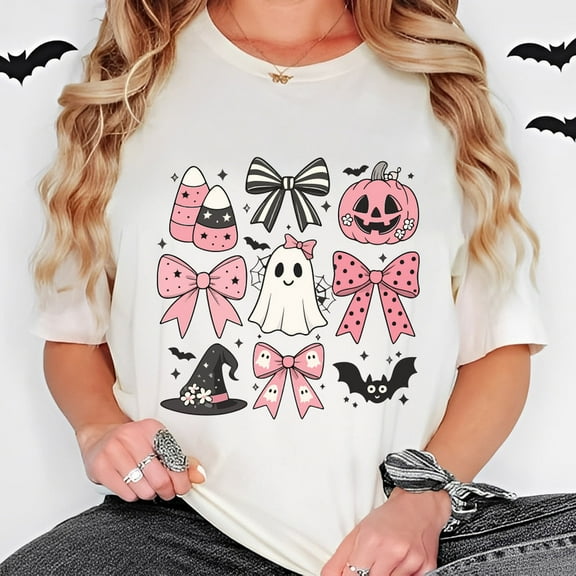 Cute Halloween T-Shirt – Kawaii Ghost, Pumpkin, and Candy Bow Graphic Tee - Gift for Halloween