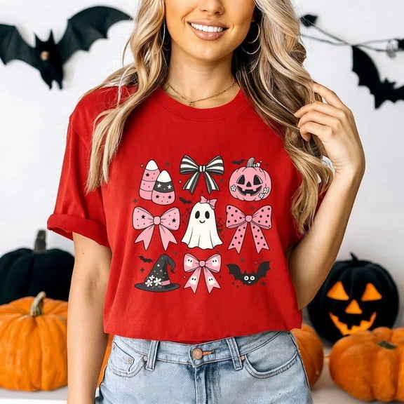 Cute Halloween T-Shirt – Kawaii Ghost, Pumpkin, and Candy Bow Graphic Tee - Gift for Halloween