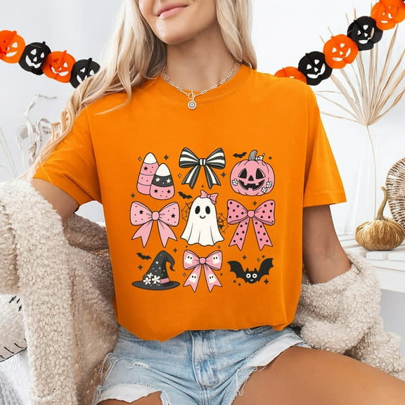 Cute Halloween T-Shirt – Kawaii Ghost, Pumpkin, and Candy Bow Graphic Tee - Gift for Halloween