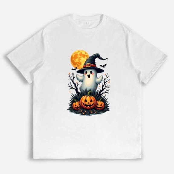 Cute Halloween Tee Ghost Witch Hat Pumpkin Moon T Shirt Tees Playful Spooky Tops Comfort White S-5XL