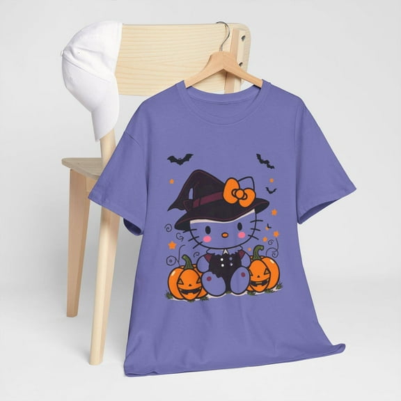 Cute Halloween Tee with Hello Kitty Shirt, Unisex Cotton T-Shirt, Pumpkin & Witch Shirt, Halloween Costume Tee