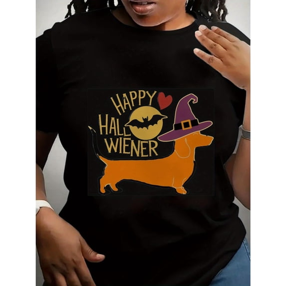 Cute Halloween - Themed Graphic Tee,Tops Has "Happy Halloweiner" Text with Dachshund in Witch Hat Design, Round Neck Regular Fit T - shirts, Size(S - 5XL)