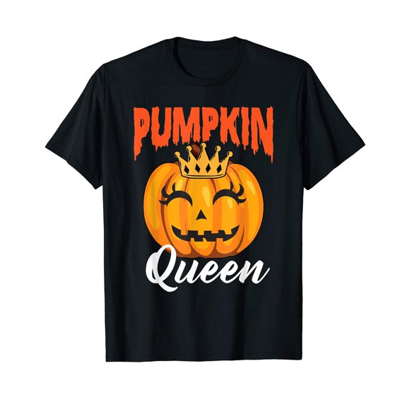Cute Halloween - Themed Graphic Tee,Tops Has "PUMPKIN Queen" Text with Crown - Wearing Pumpkin Design, Round Neck Regular Fit T - shirts, Size(S - 5XL)