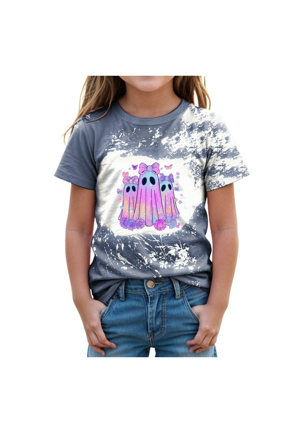 Cute Halloween Toddler Girl Tees Halloween T-Shirts for Toddler Girls Short Sleeve Crew Neck Flower Ghost Pumpkin Bowknot Tees Tops Size for 7-8 Years,Blue