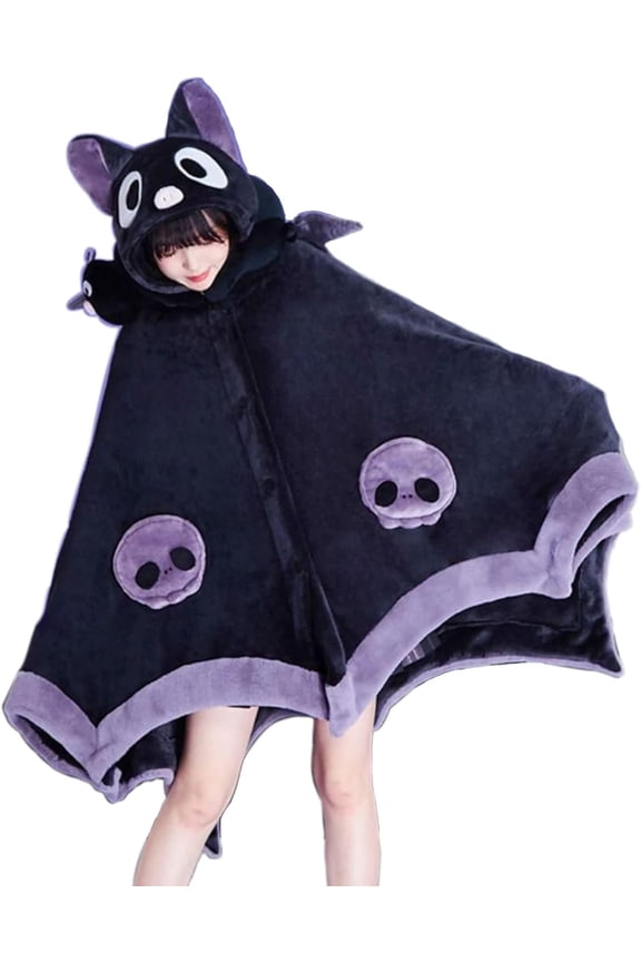 Cute Halloween Wearable Blanket Hoodie Free Size for Adults Devil Bat Hooded Blanket Oversized Soft Sherpa Hoodie Women Throw Cloak Wrap with Demon Wings for Men Child Student