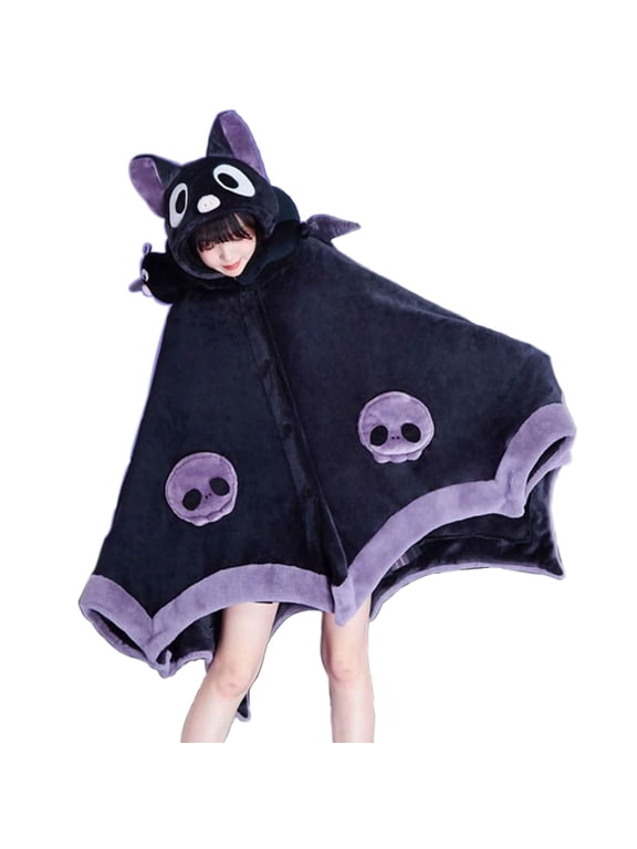 Cute Halloween Wearable Blanket Hoodie Free Size for Adults Devil Bat Hooded Blanket Oversized Soft Sherpa Hoodie Women Throw Cloak Wrap with Demon Wings for Men Child Student(RL)