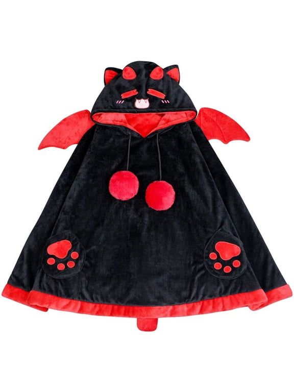 Cute Halloween Wearable Blanket Hoodie Free Size for Adults Devil Bat Hooded Blanket Oversized Soft Sherpa Hoodie Women Throw Wrap with Demon Wings for Men Black