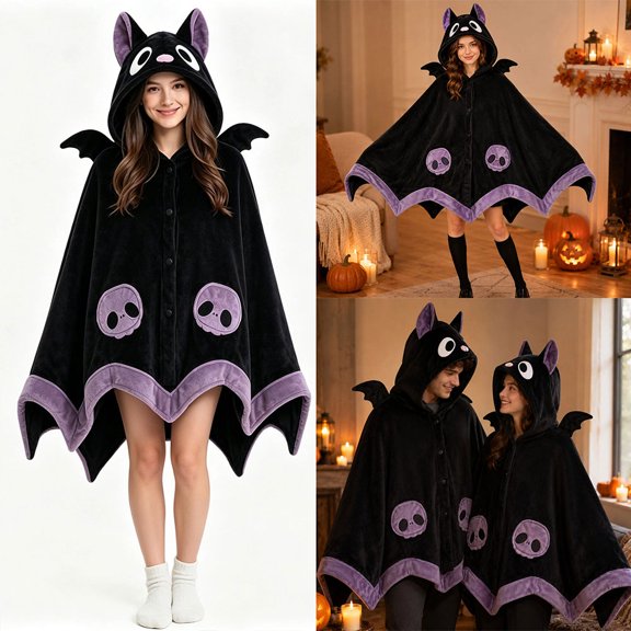 Cute Halloween Wearable Blanket Hoodie for women halloween Devil Bat Blanket pajamas women Oversized Soft Hoodie blanket with Demon Wings