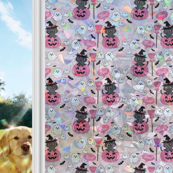 Cute Halloween Window Privacy Film Stain Glass,Reusable Decorative Rainbow Window Film,Spooky Pumpkins Fall Bat Cat Witch's Hat Static Cling Sun Blocking Stickers Decals Covers 23.6" x 59" (2pcs)