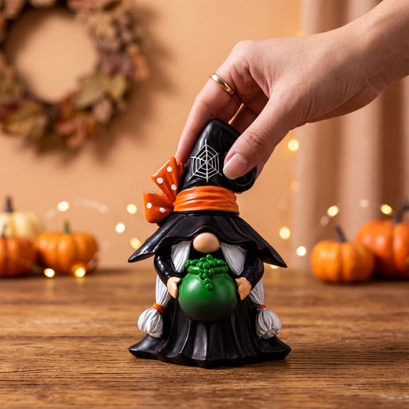 Cute Halloween Witch Gnome Resin Statue, Handcraft Gnome Holding Cauldron, Whimsical Fall Tabletop Decor for Tiered Tray, Coffee Table & Mantel, Lazyguy