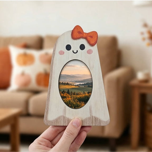 Cute Halloween Wooden Photo Frame Pumpkin Ghost Shaped Tabletop Picture Frame With Stand Mini Small Pet Frame Tiered Tray Decor Hallowe