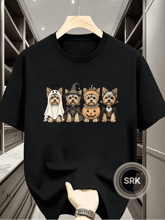Cute Halloween Yorkshire Terrier In Ghost Pumpkin Vampire Costumes Vintage Graphic Crewneck Cotton Unisex T-Shirt