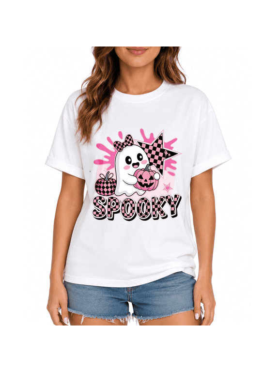 Cute Halloween ghost print loose T-shirt with pink checkered pumpkin pattern top
