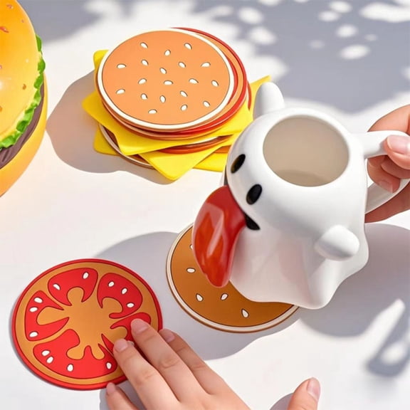 Cute Hamburger Coasters for Drinks, Funny Non-Slip Silicone Coasters Set of 8,Waterproof, Heat-Proof, Elastic,Tabletop Protection, Creative Decor for Kitchen, Dinner Desk and Office Desk