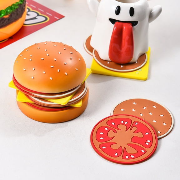Cute Hamburger Coasters for Drinks–Funny Non-Slip Silicone Set of 8, Waterproof & Heat-Resistant, Elastic Table Protection for Kitchen, Dining Table, Office Desk, College Dorm & Home Use